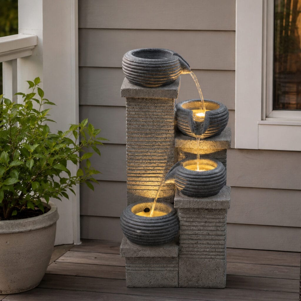 cascading pouring pot water fountain with LED lights for patio balcony and garden