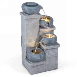 Cascading pouring pot water fountain with LED lights on white background, suitable for indoor and outdoor resin water feature