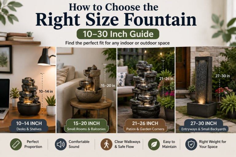 Different 10 to 30 inch fountains shown in compact indoor and outdoor spaces