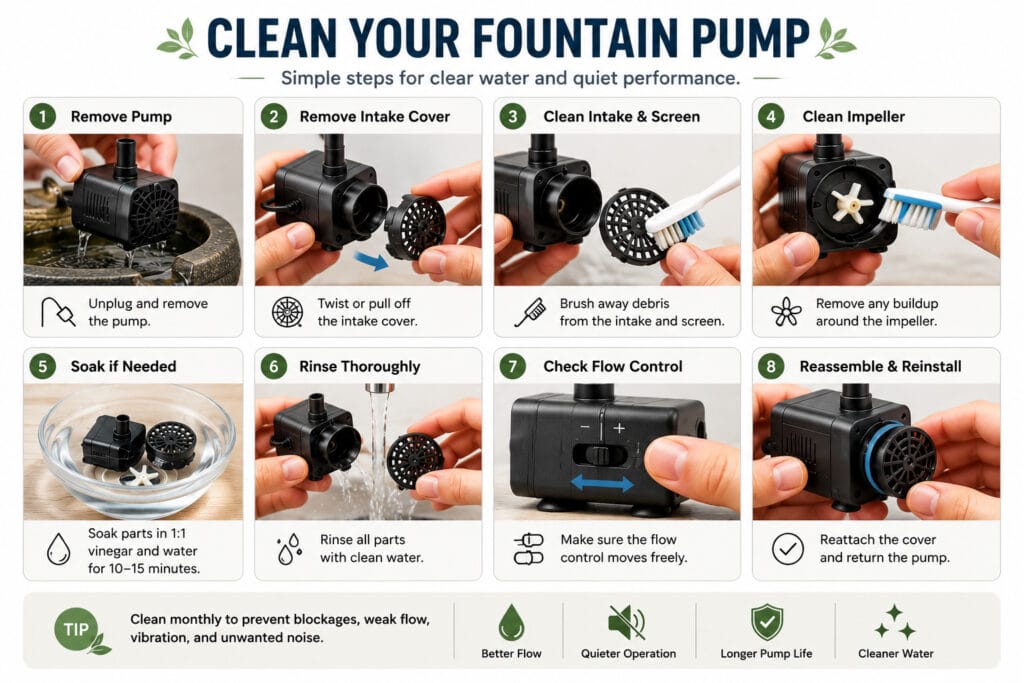 Step-by-step illustration showing how to clean a small submersible fountain pump intake, cover, and impeller
