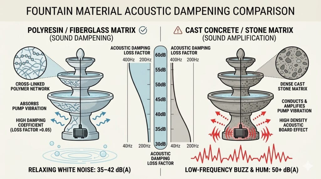 An infographic chart comparing the acoustic damping loss factor of polyresin polymer vs high-density cast concrete fountains.
