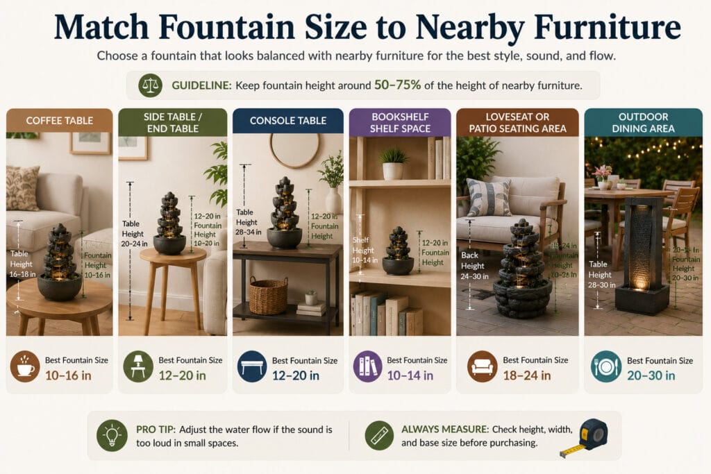 Fountain size comparison with coffee table, side table, sofa, and patio seating