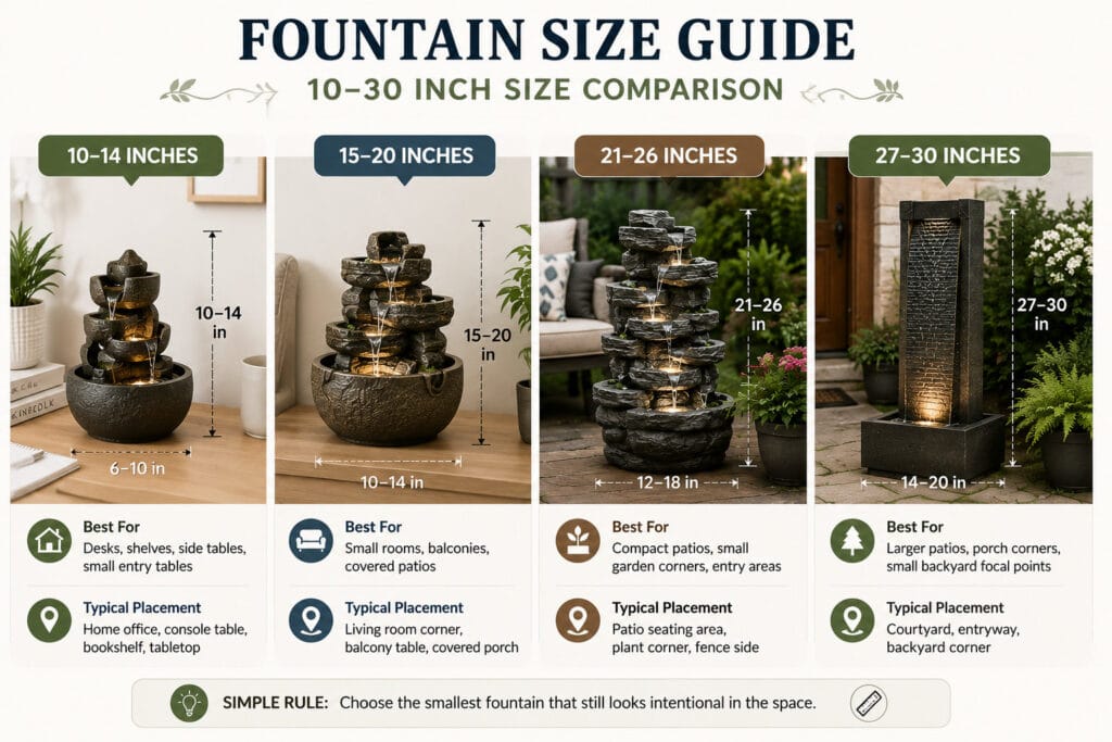 Fountain size guide showing 10–14 inch, 15–20 inch, 21–26 inch, and 27–30 inch fountains