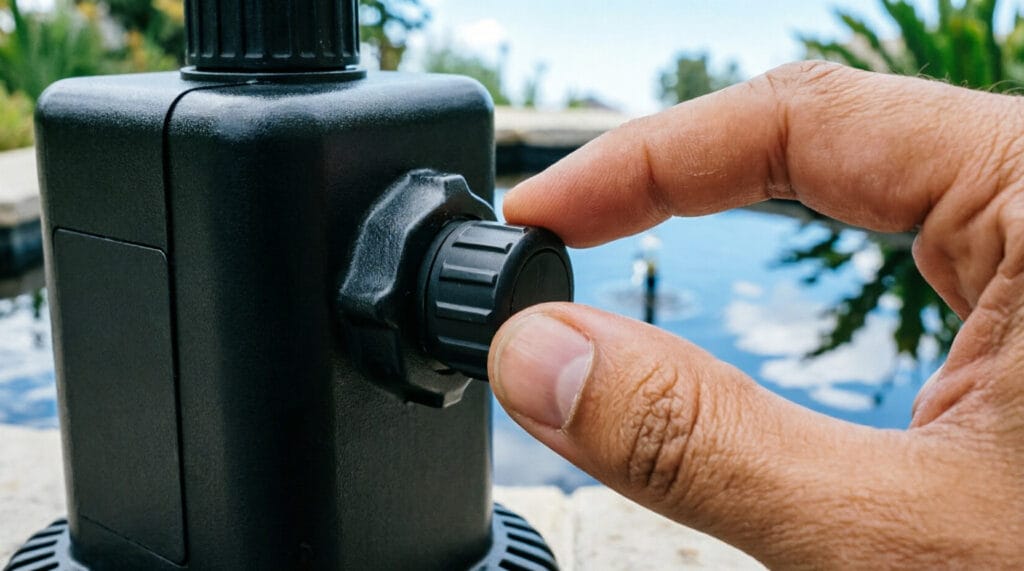 Close-up vector illustration showing a hand micro-adjusting the flow control valve toggle with plus and minus signs on a submersible fountain pump.