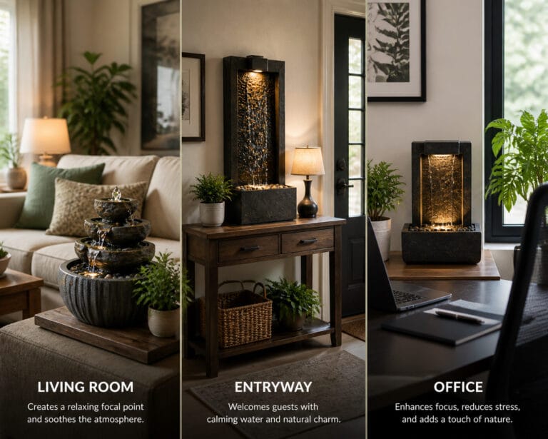 Indoor fountains placed in a living room, entryway, and office, with minimal plants, creating a relaxing and visually appealing indoor environment