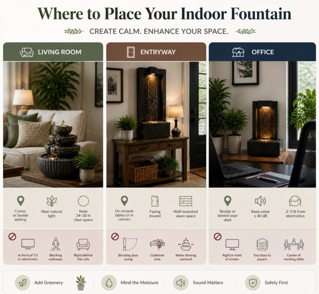 Simplified infographic showing indoor fountain placement for living room, entryway, and office with recommended 24-inch clearance and minimal text