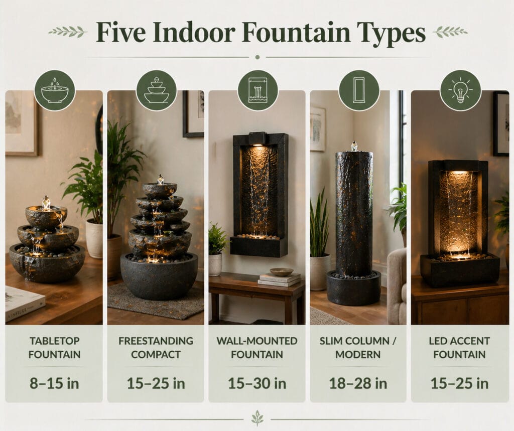 Five indoor fountain types: Tabletop Fountain, Freestanding Compact, Wall-Mounted Fountain, Slim Column / Modern, and LED Accent Fountain with typical height ranges