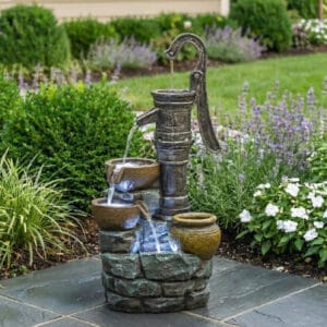 32 inch large outdoor resin fountain with vintage pump cascading water for garden patio yard