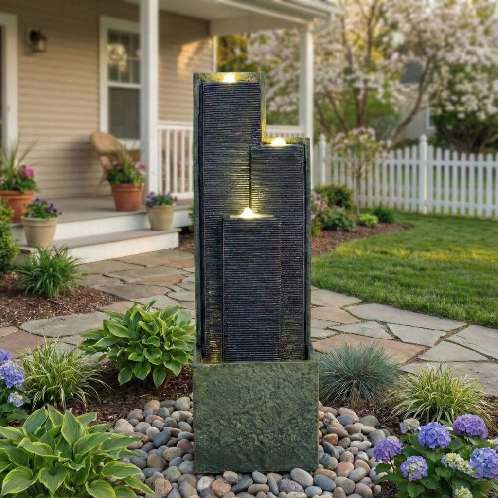 modern 3-tier cascading outdoor water fountain with LED lights for garden patio porch lawn