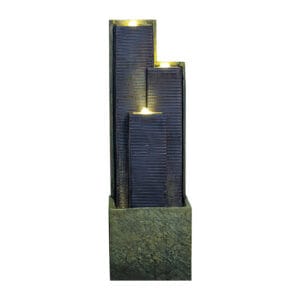 modern 3-tier cascading water fountain with LED lights on white background