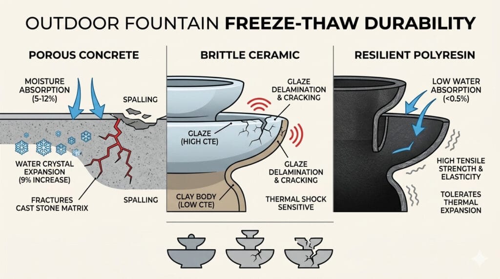 A technical infographic illustrating moisture expansion in porous concrete and glaze cracking in ceramic vs the thermal elasticity of a polyresin fiberglass matrix during winter freeze-thaw cycles.