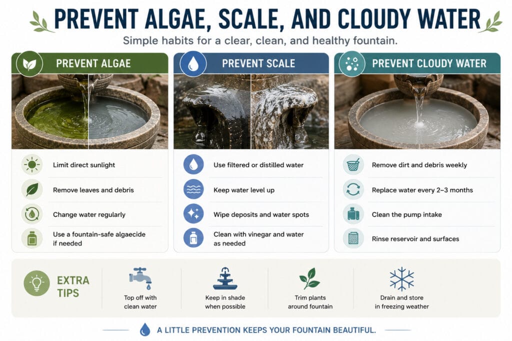 Infographic showing how to prevent algae, mineral scale, and cloudy water in a small fountain