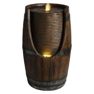 rustic barrel water fountain with LED lights outdoor garden patio fountain white background