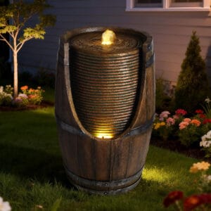 rustic wooden barrel water fountain with LED lights outdoor farmhouse patio garden fountain