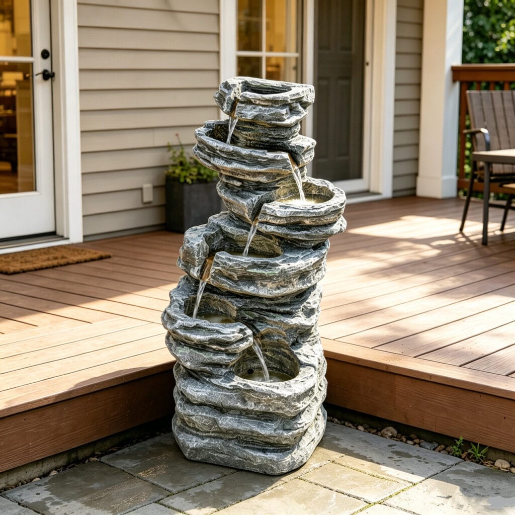 six tier outdoor waterfall fountain with LED lights tall resin rock garden fountain