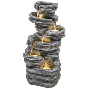 six tier outdoor waterfall fountain with LED lights on white background