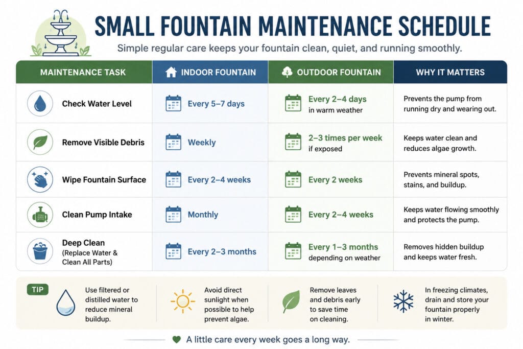 Small fountain maintenance schedule showing water level checks, debris removal, pump cleaning, and deep cleaning frequency