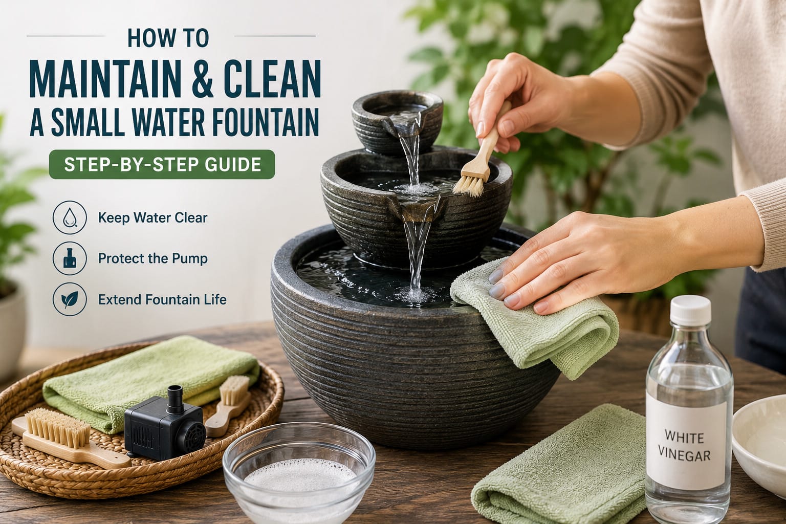 A small resin water fountain being cleaned with a soft cloth and brush for regular maintenance