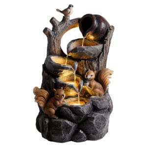 squirrel outdoor water fountain with LED lights resin tree stump pouring jug on white background