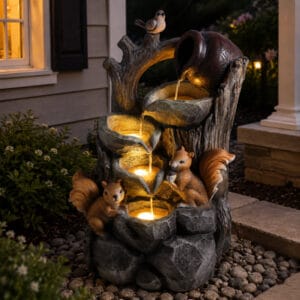 Squirrel outdoor water fountain with LED lights displayed in a backyard garden setting