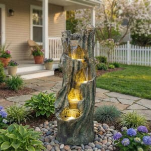 tree design outdoor water fountain with LED lights resin garden patio waterfall fountain