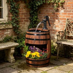 wooden water pump fountain apple barrel outdoor garden patio fountain