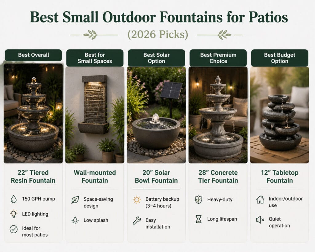 Best small outdoor fountains for patios 2026 comparison chart showing top picks by category including resin, wall-mounted, solar, concrete, and tabletop fountains