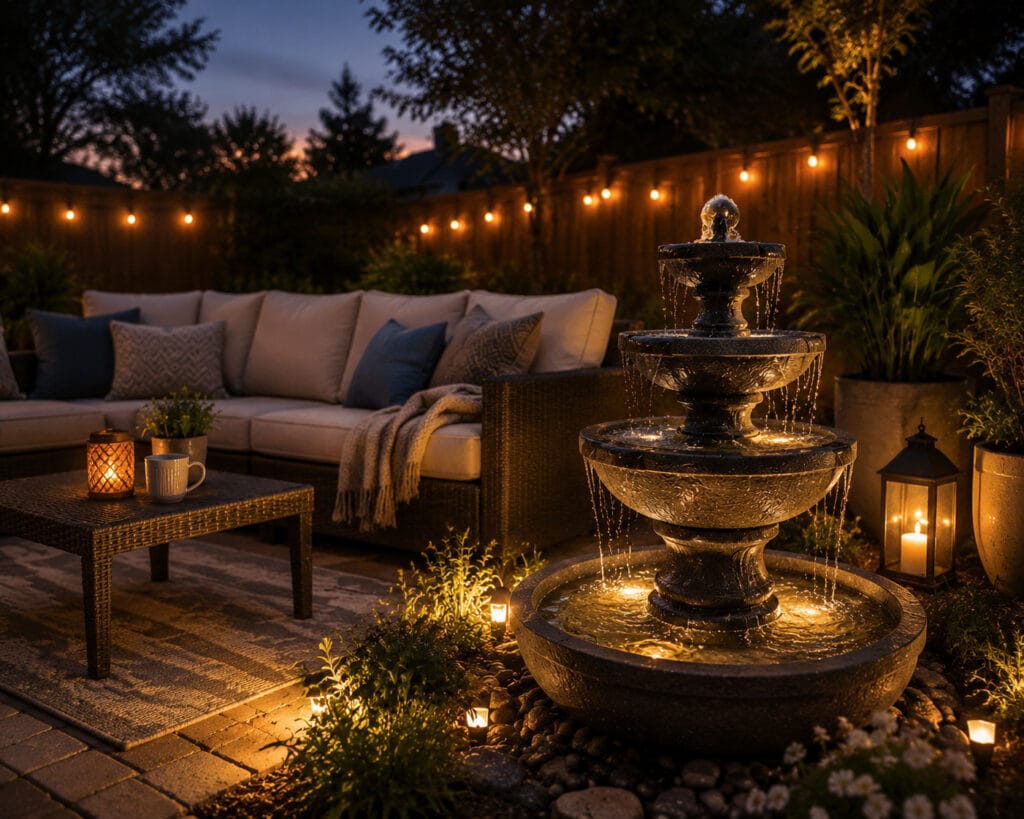 Evening patio fountain with warm lights, sofa seating, coffee table, and relaxing backyard atmosphere
