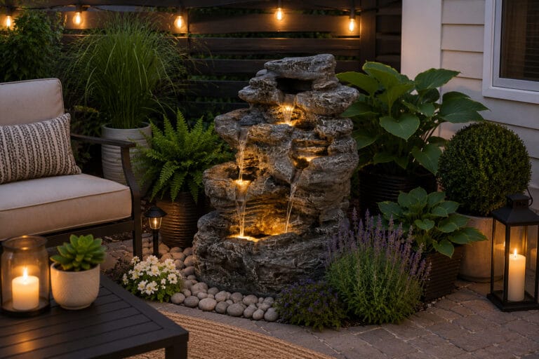 Small patio fountain decorated with plants, seating, river rocks, and warm outdoor lighting