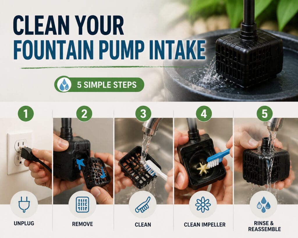 Step-by-step illustration showing how to clean a small fountain pump intake, filter cover, and impeller