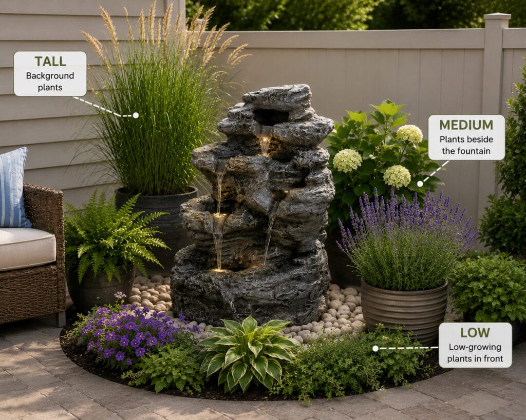 Layered plant arrangement around a small patio fountain with tall, medium, and low plants