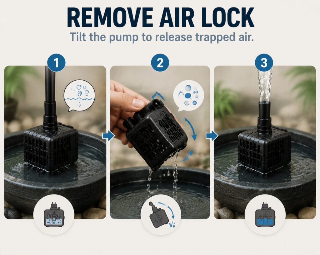Step-by-step illustration showing how to fix a fountain pump air lock by tilting the pump to release trapped air and restore water flow