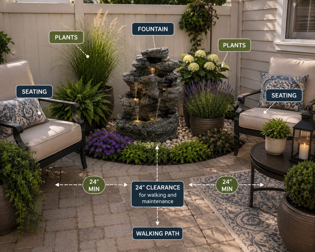 Small patio fountain layout showing nearby seating and 24 inch walking clearance