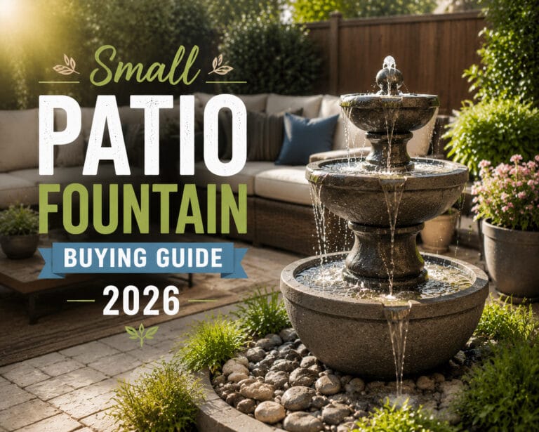 Small patio fountain in modern American backyard with seating area and stone water feature under natural sunlight