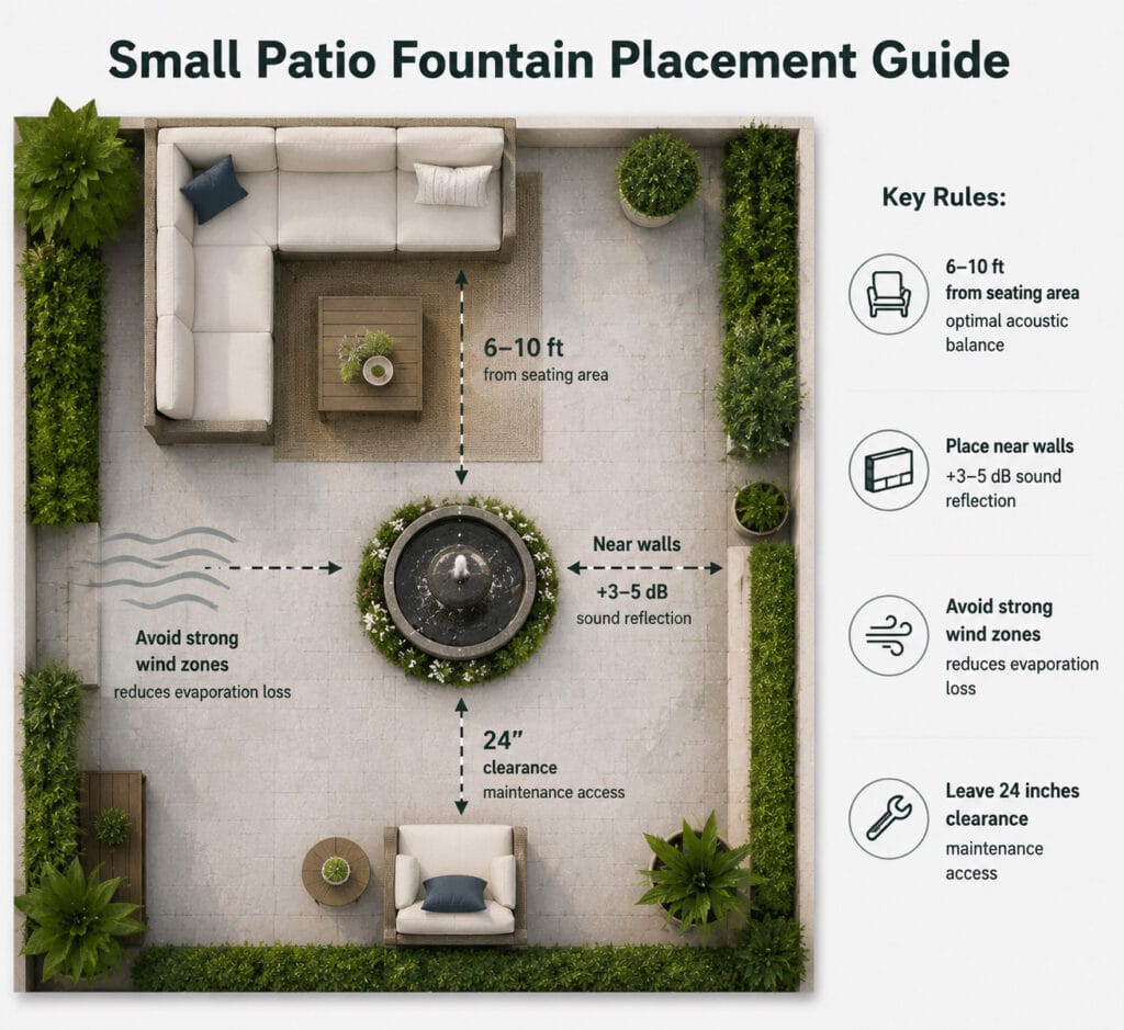 Top-down patio layout showing small fountain placement with seating distance, wind zones, and 24-inch maintenance clearance
