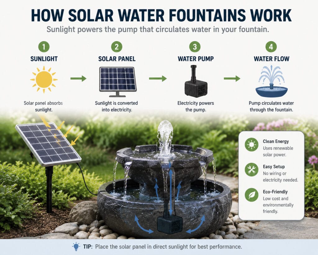Diagram showing how solar panel powers water pump in a solar fountain system