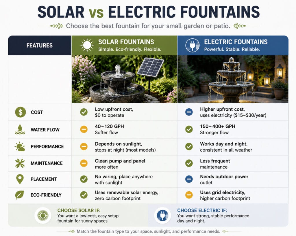 Comparison chart of solar vs electric water fountains for small gardens