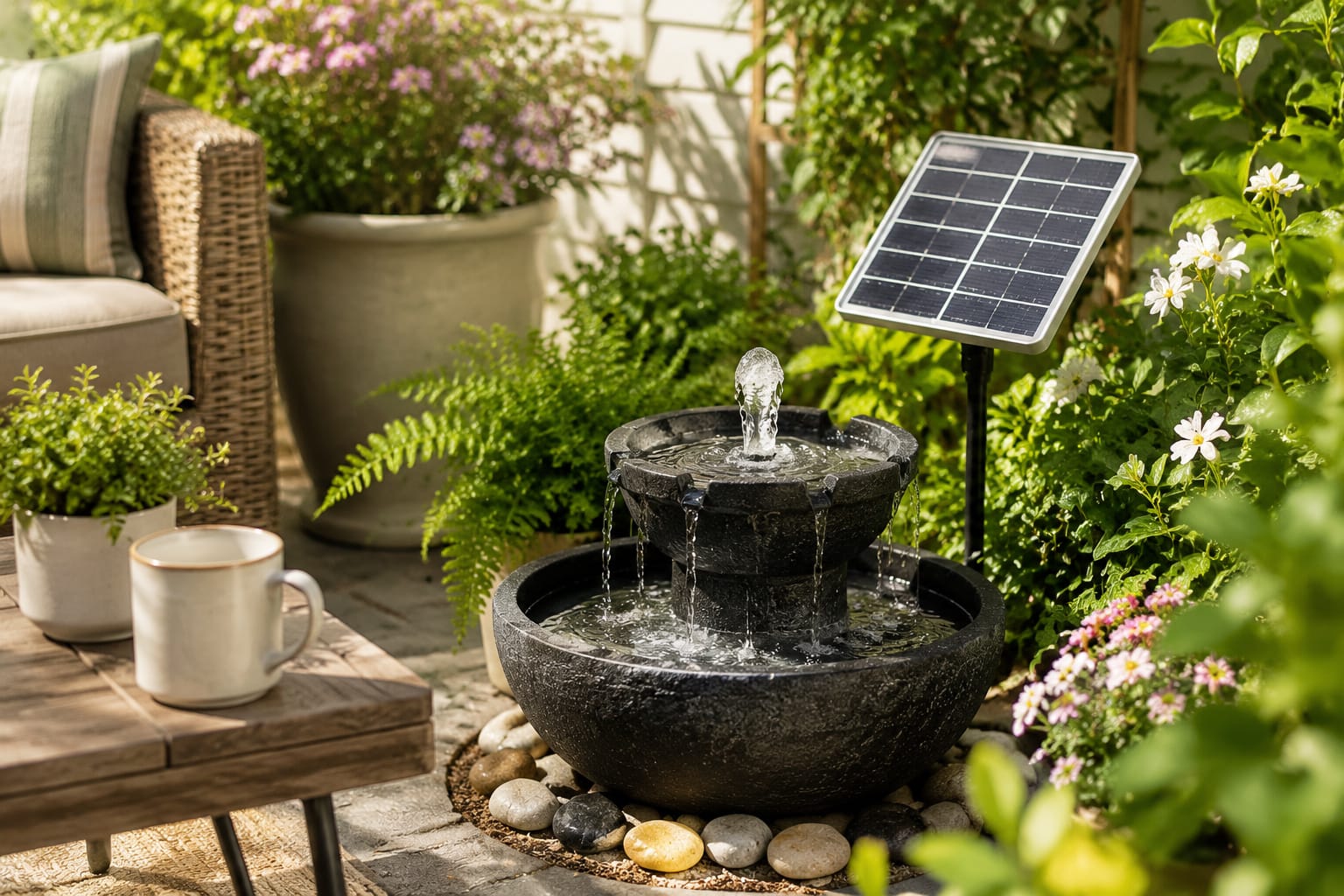 Solar water fountain in a small garden patio with sunlight and natural outdoor setting