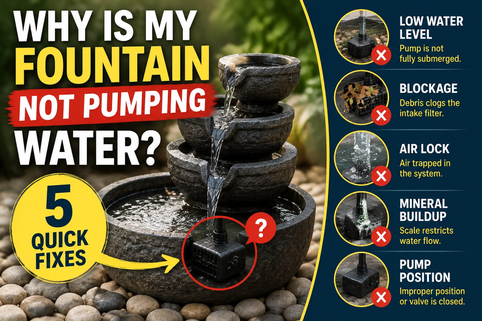 A bold troubleshooting infographic showing why a small fountain is not pumping water, including 5 quick fixes such as low water level, blockage, air lock, mineral buildup, and pump misalignment.