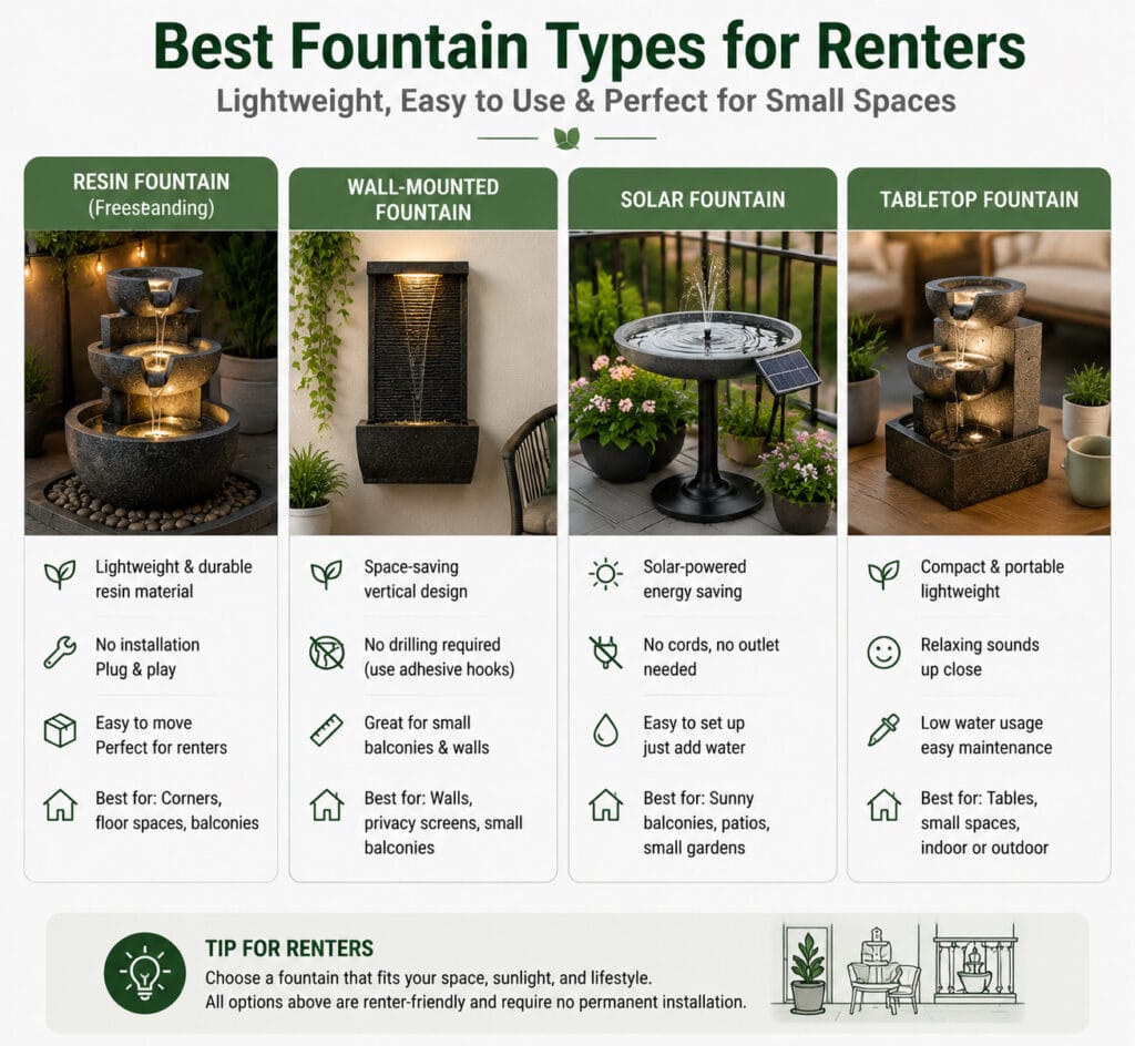 Comparison chart of best fountain types for apartments including resin, wall-mounted, solar, and tabletop fountains for renters