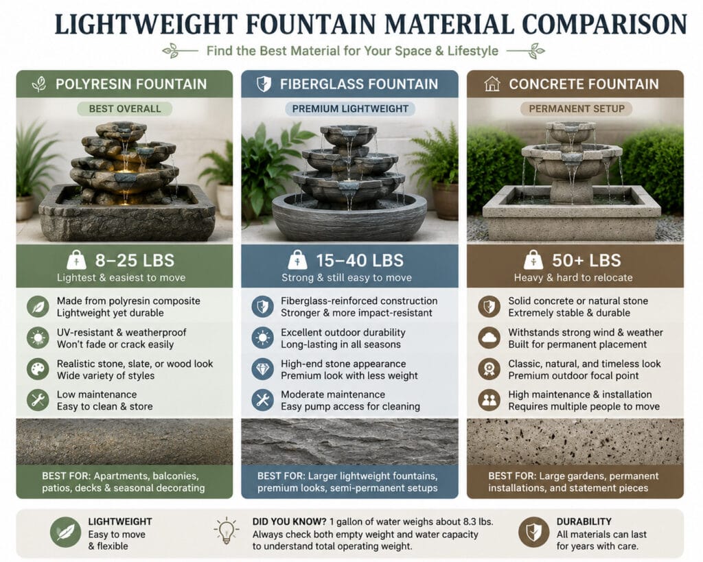 Comparison of resin fiberglass and concrete fountain materials by weight and portability
