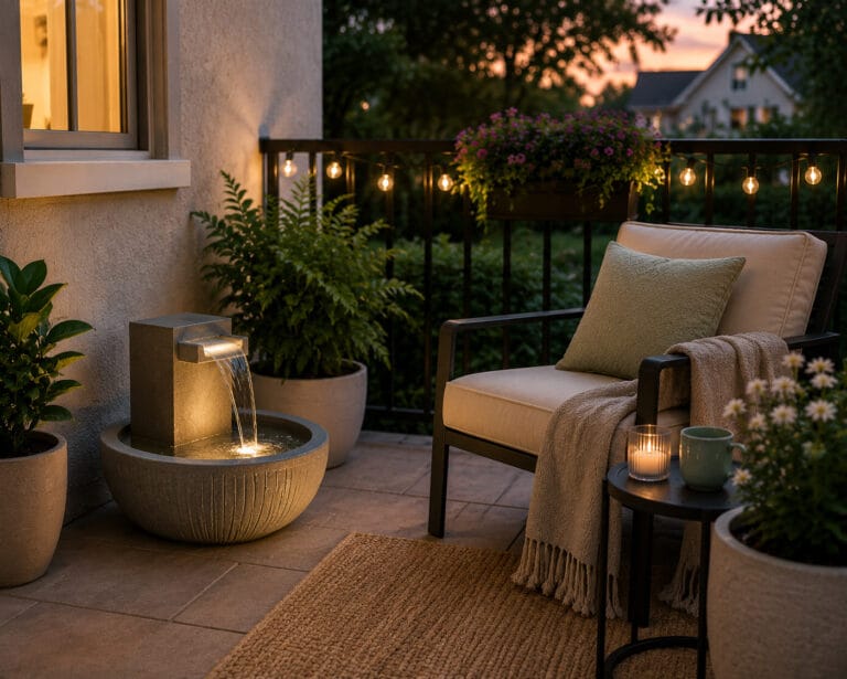 Lightweight outdoor fountain creating a relaxing small patio lifestyle space