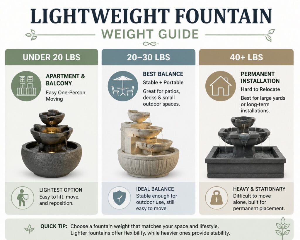 Lightweight water fountain weight guide showing portable fountain sizes for small spaces