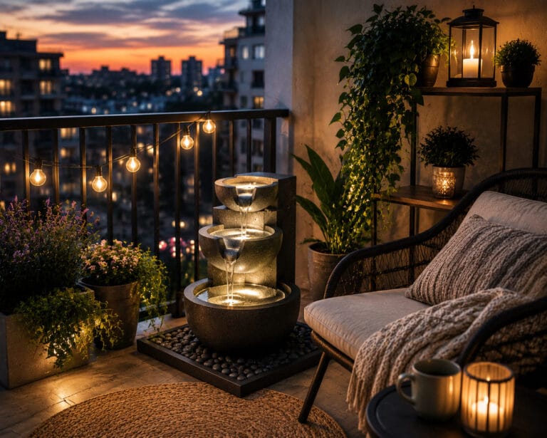 Small balcony fountain in a modern apartment at sunset with cozy seating, plants, and warm lighting