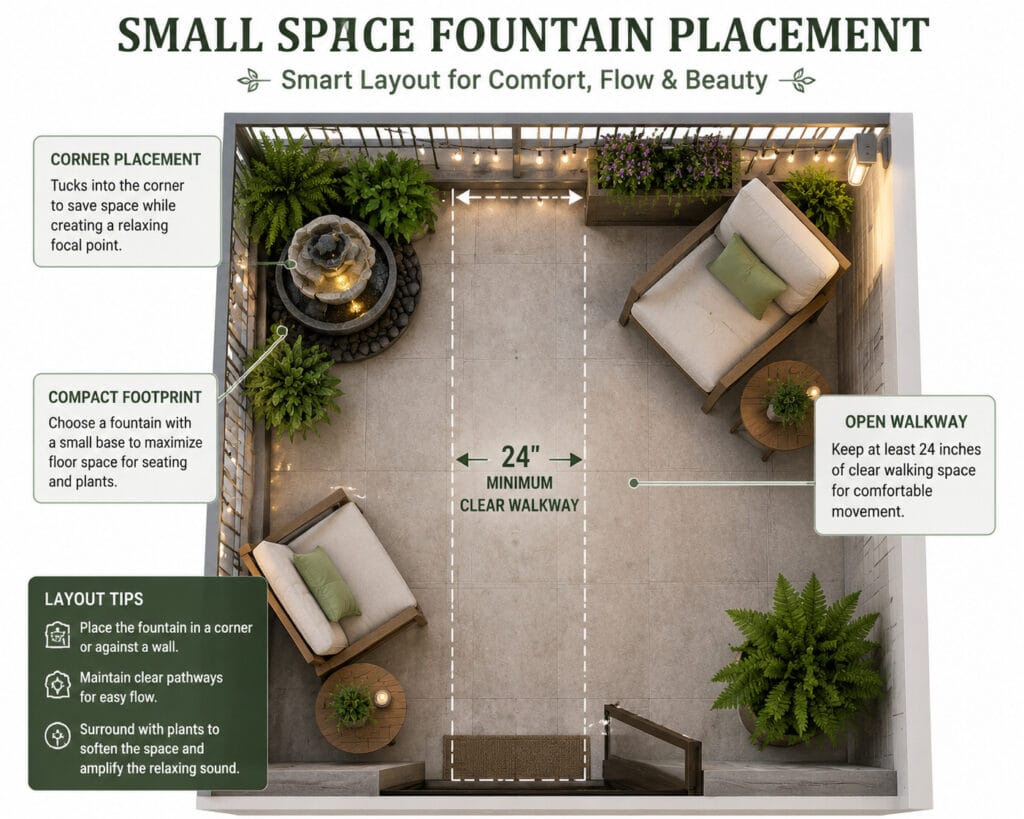 Small patio layout showing lightweight fountain placement with furniture and walking space