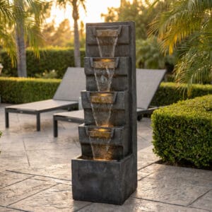 tall 4-tier outdoor waterfall fountain with warm LED lights beside a patio