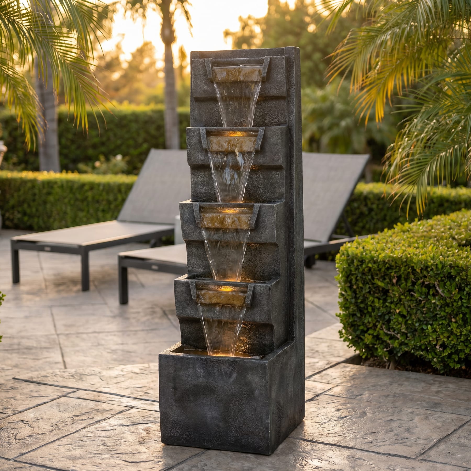 tall 4-tier outdoor waterfall fountain with warm LED lights beside a patio
