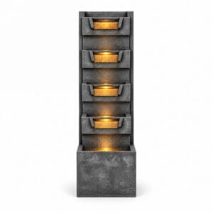 tall 4-tier outdoor waterfall fountain with LED lights on white background