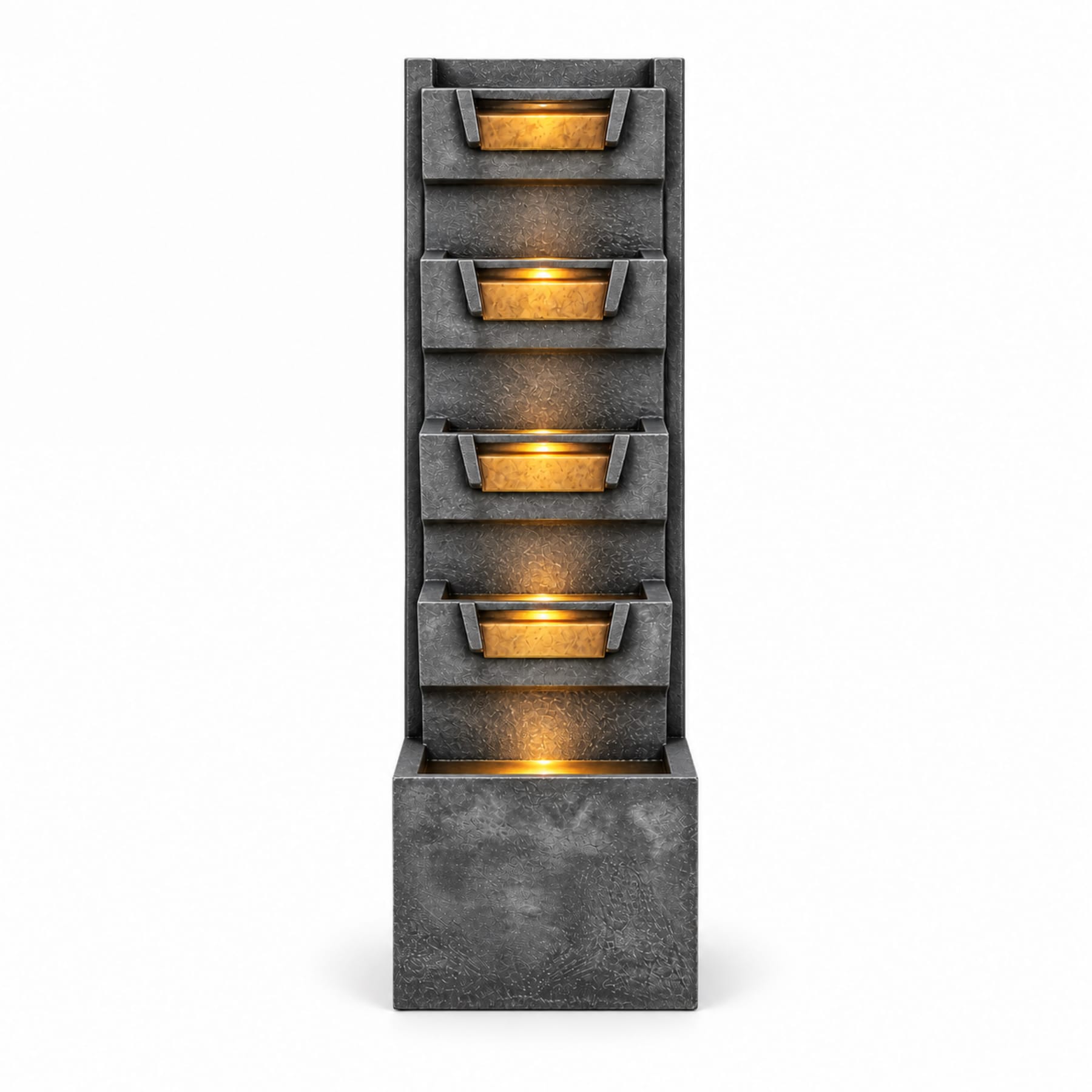 tall 4-tier outdoor waterfall fountain with LED lights on white background