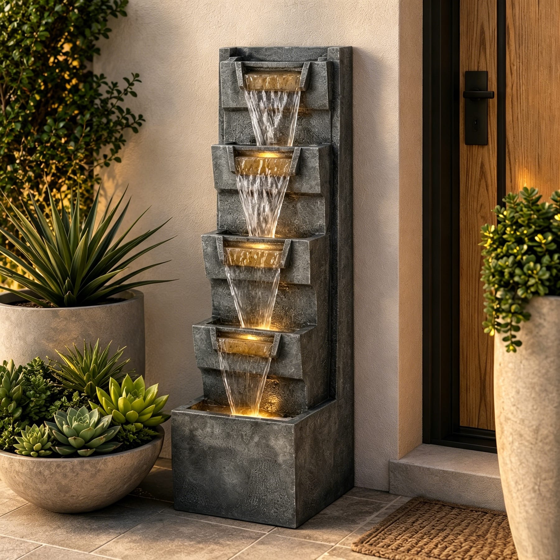tall 4-tier outdoor waterfall fountain with LED lights beside a front entryway